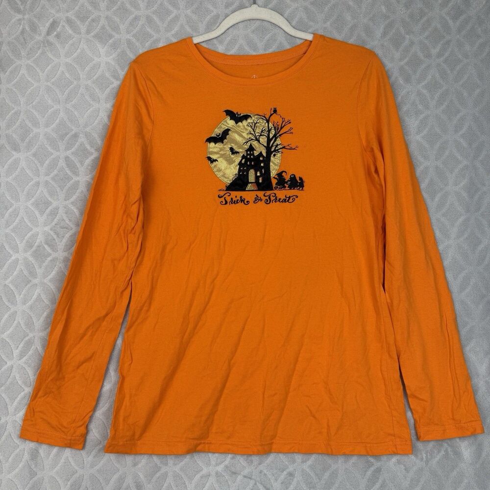 Embroidered Halloween Long Sleeve Tee M/L Trick Treat Haunted House Novelty 90s